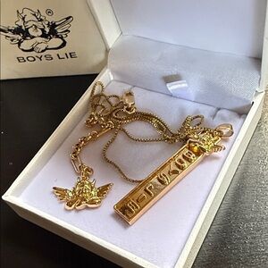 Boys Lie Gold Necklace with Bar and Winged Charms